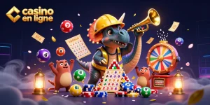 Jouez au casino en ligne avec des personnages ludiques dans une scène dynamique de jeux de loterie