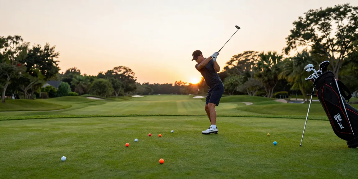 Melihat ulasan putter terbaru di https://puttperfection.com/putter-reviews dengan golfer beraksi di lapangan golf saat senja.