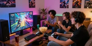 Friends playing 7meter games in a cozy living room, showcasing vibrant graphics and camaraderie.