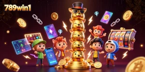 Experience 789win1 with vibrant animated slot reels and illustrated cryptocurrency elements for enhanced gameplay.
