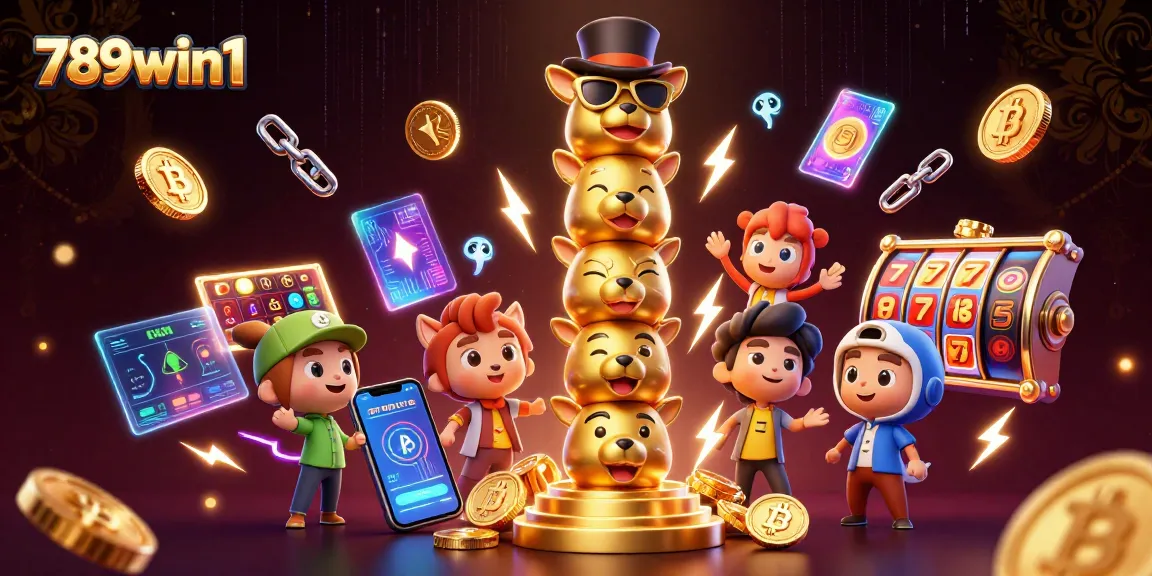 Experience 789win1 with vibrant animated slot reels and illustrated cryptocurrency elements for enhanced gameplay.