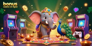 Un éléphant lié à la fête de Diwali entouré de machines de jeux animées apportant le bonus casino en ligne.