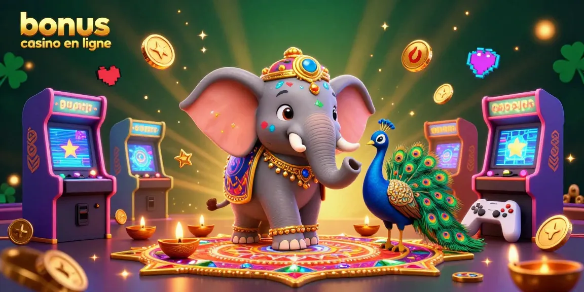 Un éléphant lié à la fête de Diwali entouré de machines de jeux animées apportant le bonus casino en ligne.