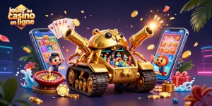 Jouer au casino en ligne avec des machines à sous colorées et des billets éparpillés autour d'un tank doré.