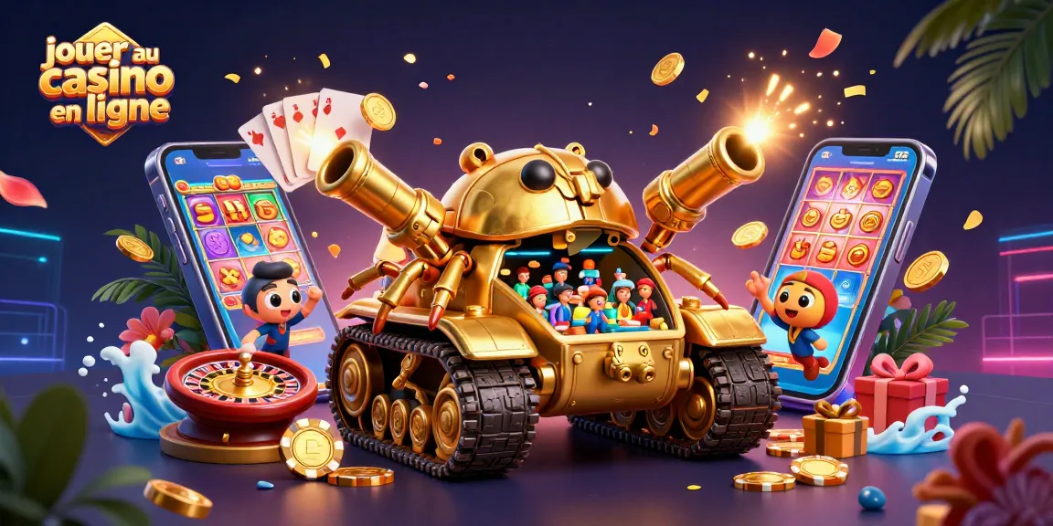 Jouer au casino en ligne avec des machines à sous colorées et des billets éparpillés autour d'un tank doré.