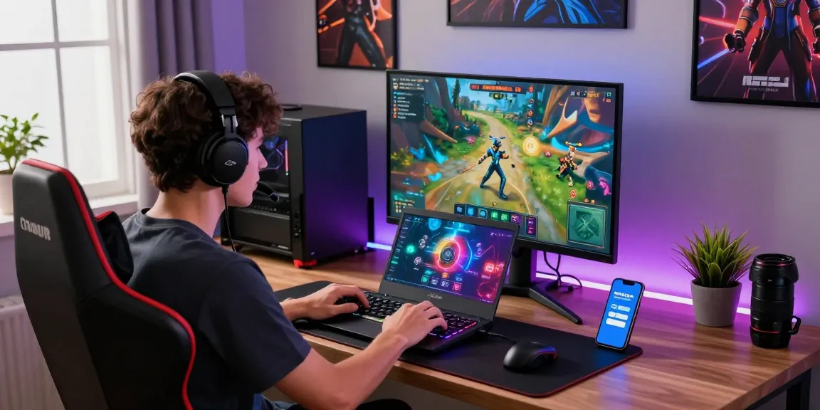 Engaging gaming experience with indocair on a vibrant laptop setup, showcasing dynamic gameplay and accessories.