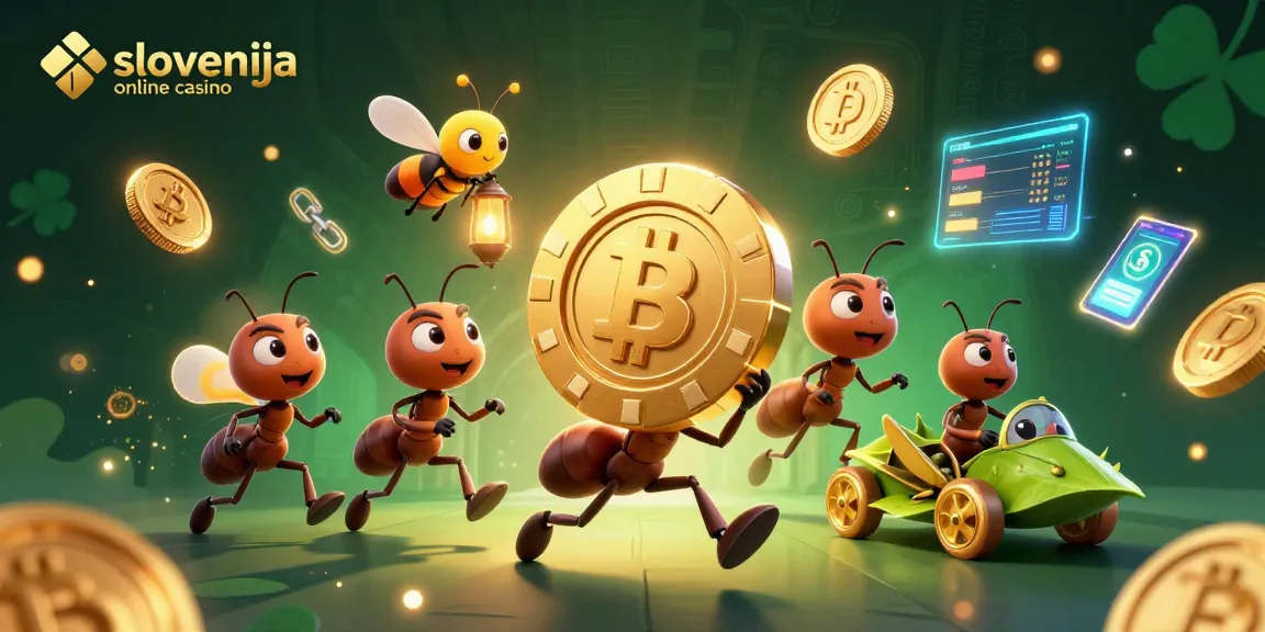 Slovenija online casino predstavlja 3D ilustracijo mravelj, ki prenašajo zlat žeton skozi tunel.