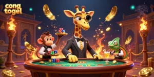 Join the classic gaming adventure with cong togel where the giraffe high-roller enjoys a poker table amidst golden elements.