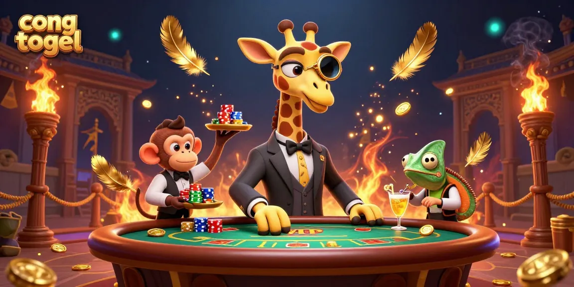 Join the classic gaming adventure with cong togel where the giraffe high-roller enjoys a poker table amidst golden elements.