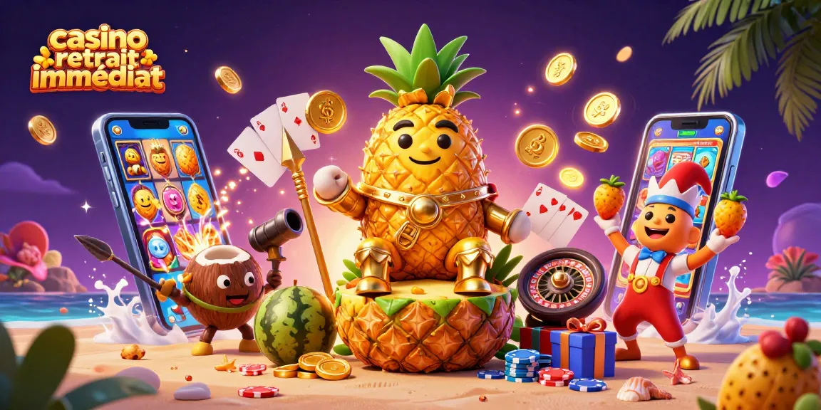 Profitez de la magie d'un casino retrait immédiat avec un roi ananas et ses gardes dans un décor ludique.