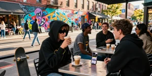 Person in bat-themed hoodie enjoying coffee and exploring batmanloyal.com in a vibrant urban setting.