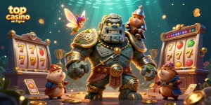 Jouez au top casino en ligne avec un golem magique et un hamster chevalier dans une scène dynamique.