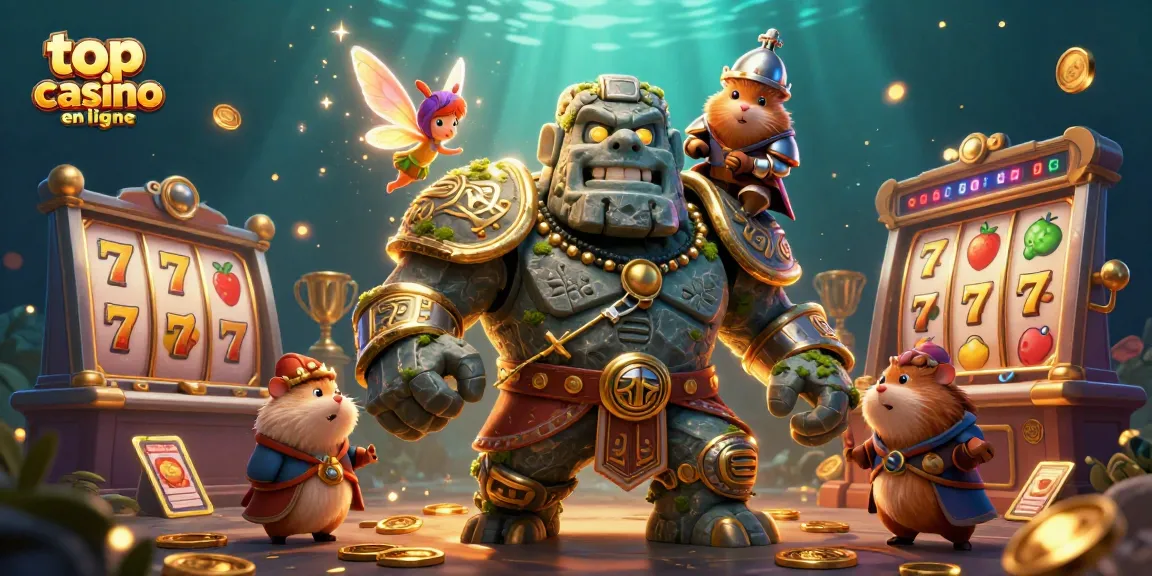 Jouez au top casino en ligne avec un golem magique et un hamster chevalier dans une scène dynamique.