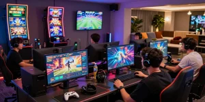 Exciting gaming atmosphere at Raja 328, players engaged in slots and sports betting.