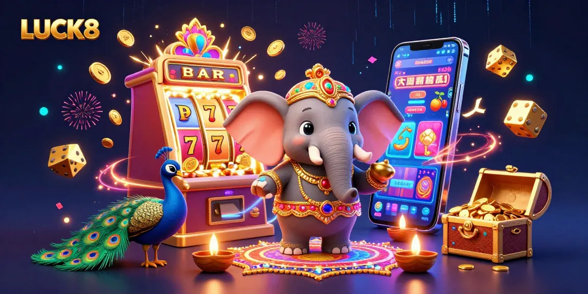 Engage with LUCK8's captivating casino experience through vibrant slot machines, golden treasures, and animated characters.