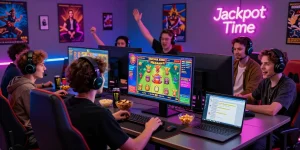 Friends enjoying Buffalo King Megaways in a vibrant gaming room, showcasing excitement and energy in 2026.