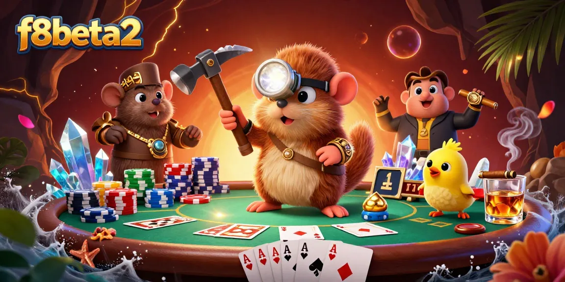 Engage in thrilling gambling at f8beta2 with a lively illustration of a treasure hunter in a vibrant casino scene.